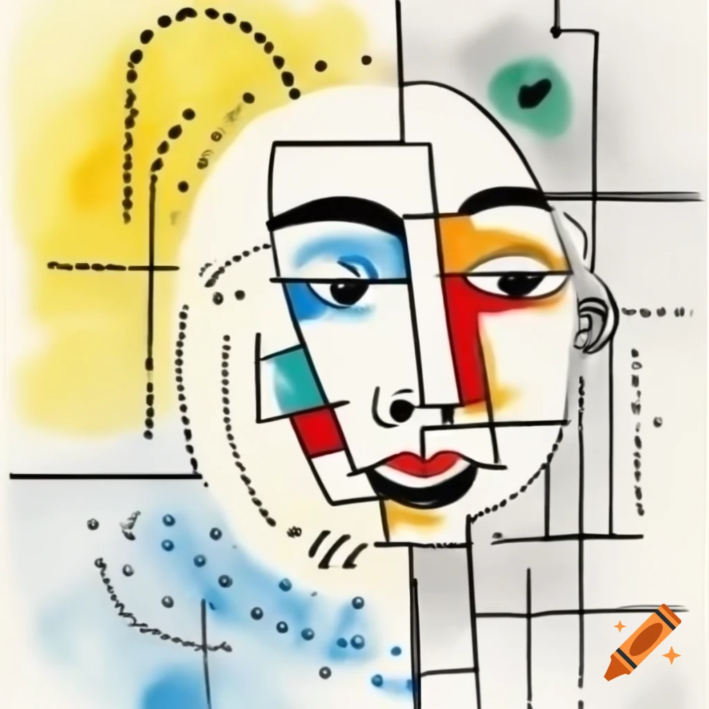 Abstract line drawing of a happy face in Mondrian and Pollock style with colored geometric shapes