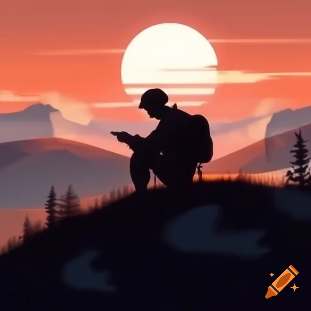 Soldier silhouette on hill writing letter during sunset