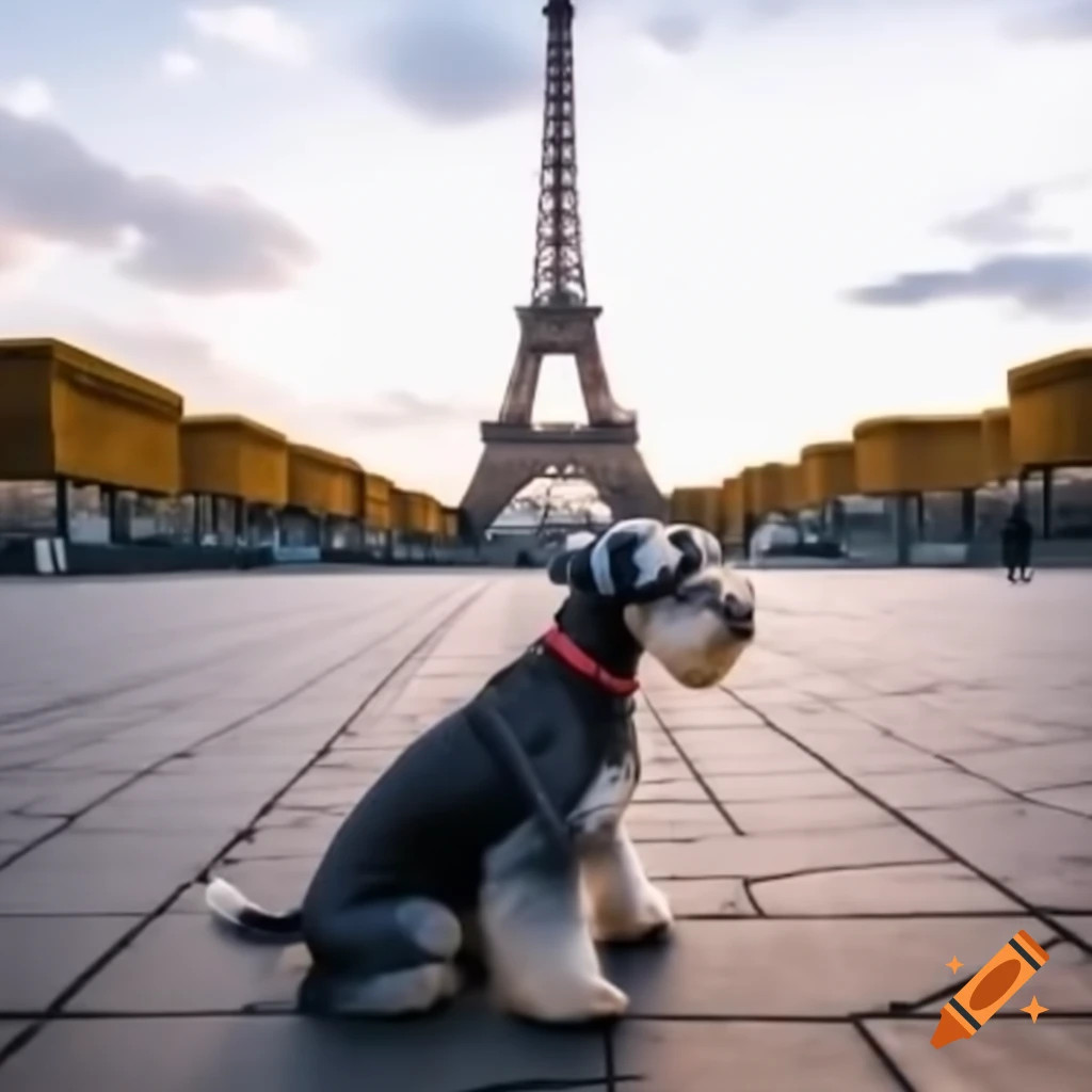 Schnauzer dog in the streets of Paris with Eiffel Tower in the ...