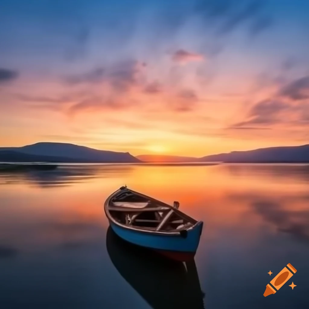 Peaceful sunset over calm lake with mountains and wooden boat on Craiyon