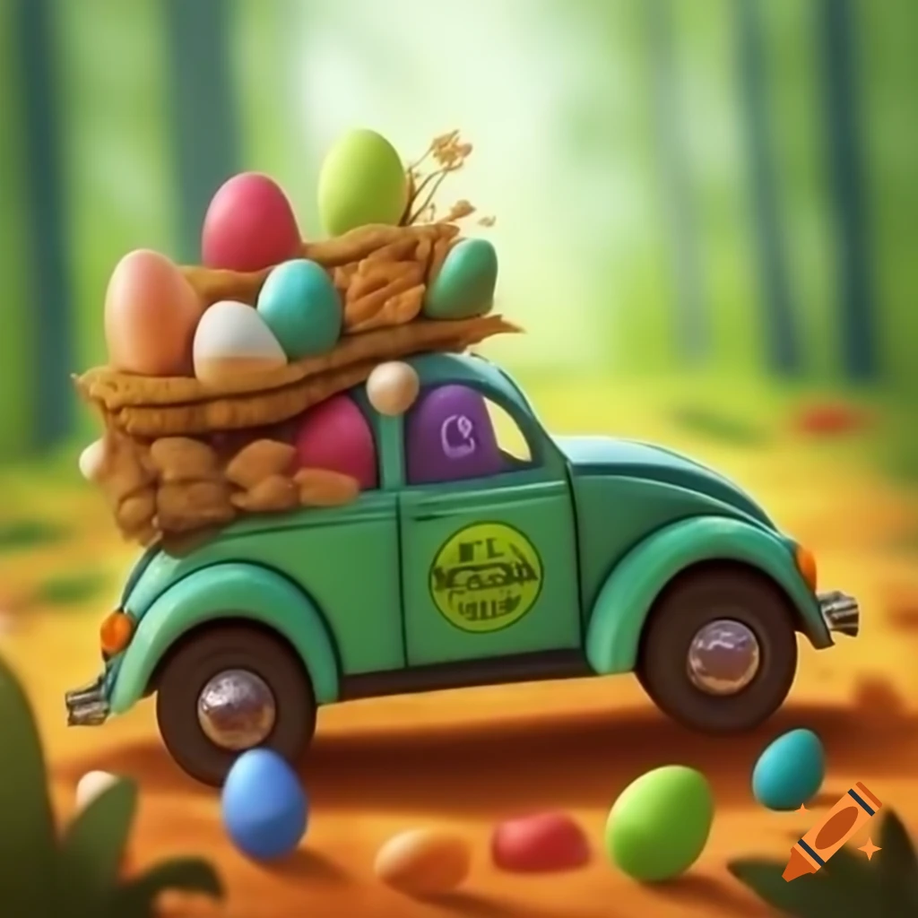 Volkswagen Beetle with colorful Easter eggs