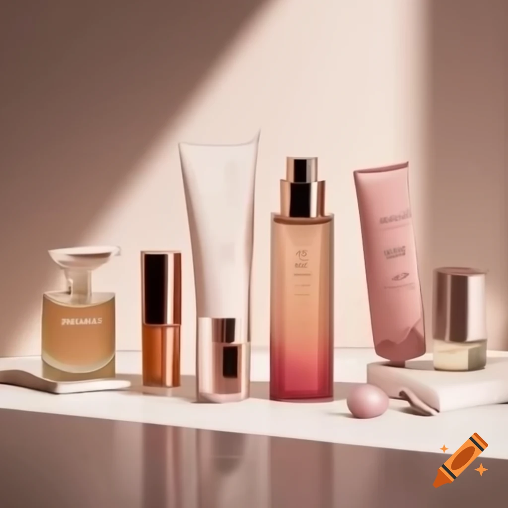 Hyper-realistic 3D showcase of elegant beauty and personal care products in glass containers