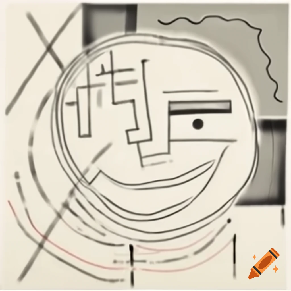 Abstract line drawing of a smiling face in Mondrian and Pollock style with geometric shapes