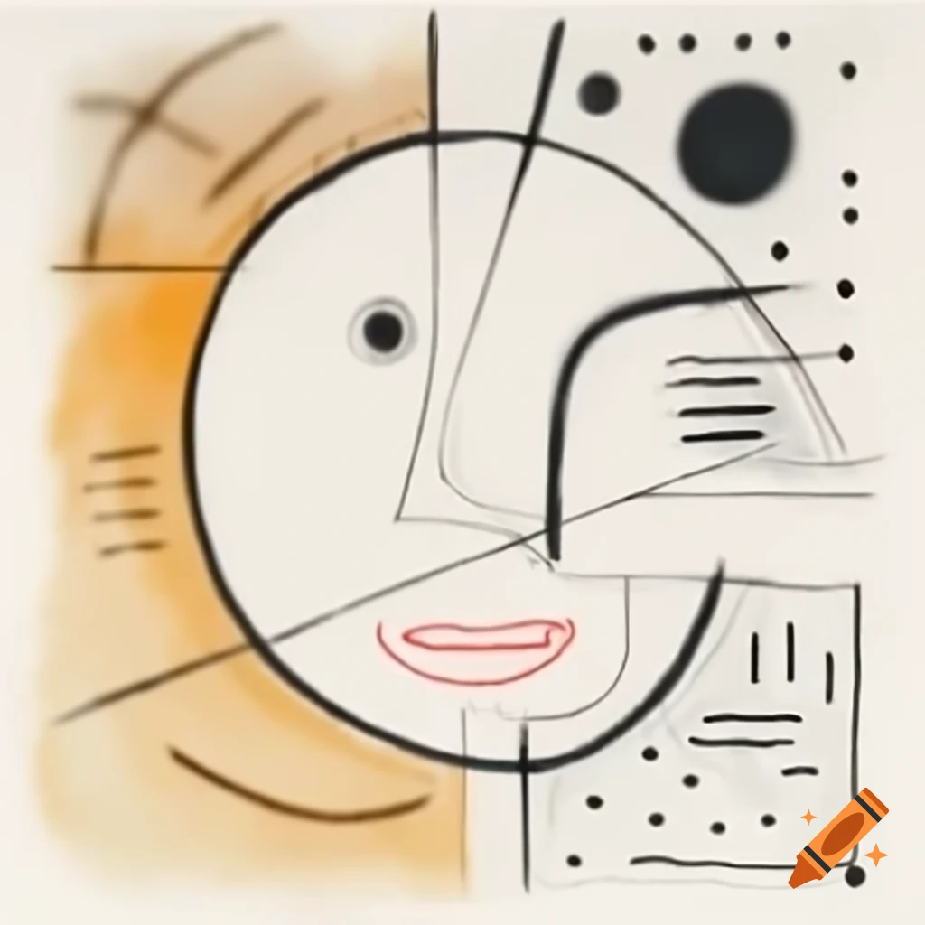 Abstract line drawing of a happy face in Mondrian and Pollock style with colored geometric shapes