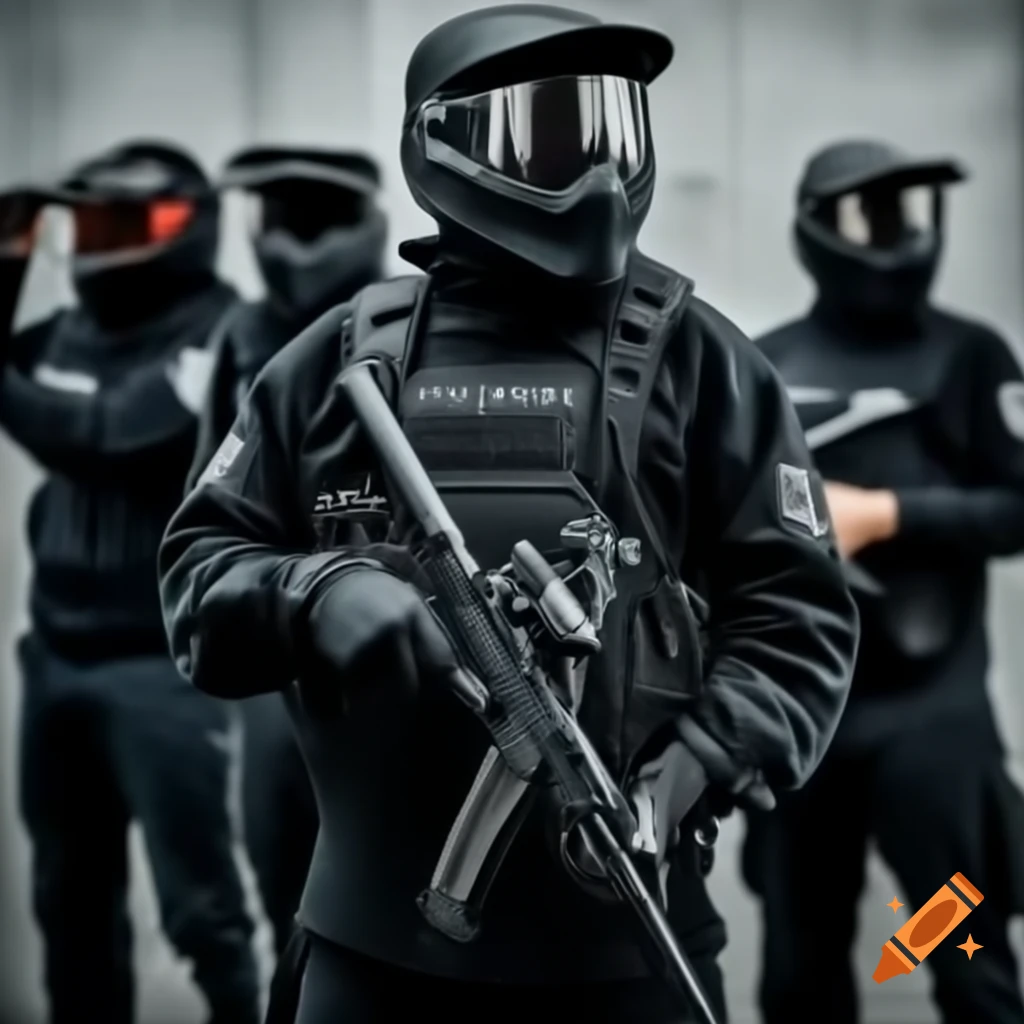 Man in black tactical gear holding paintball equipment