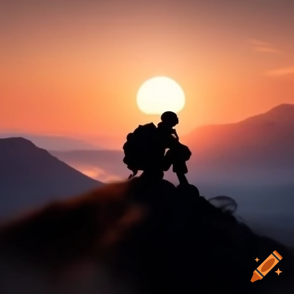Soldier silhouette on hill writing letter during sunset