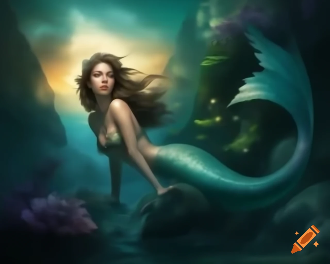 Hyper-realistic portrait of a mermaid with iridescent tail and shimmering scales