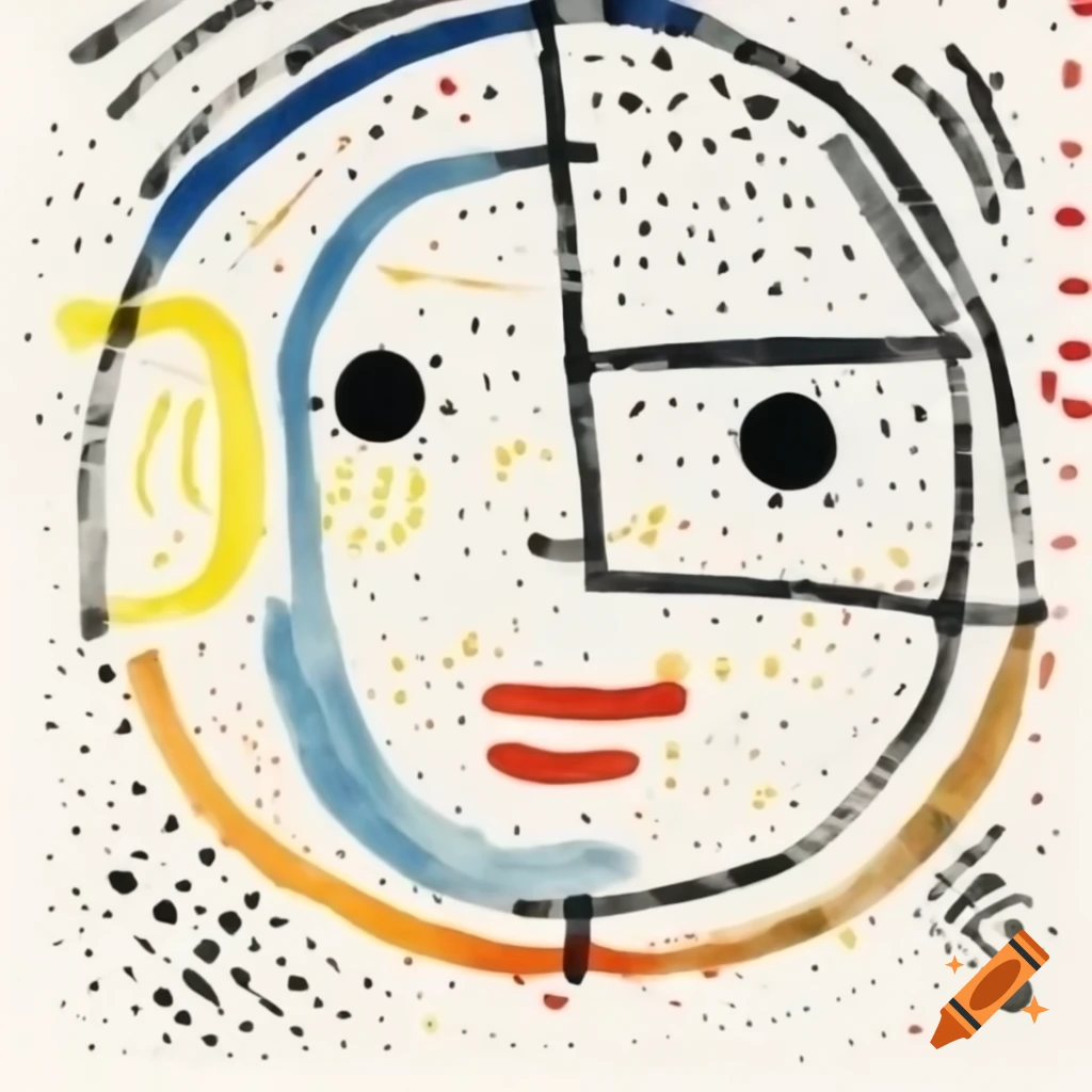 Abstract line drawing of a happy face in Mondrian and Pollock style with colored geometric shapes
