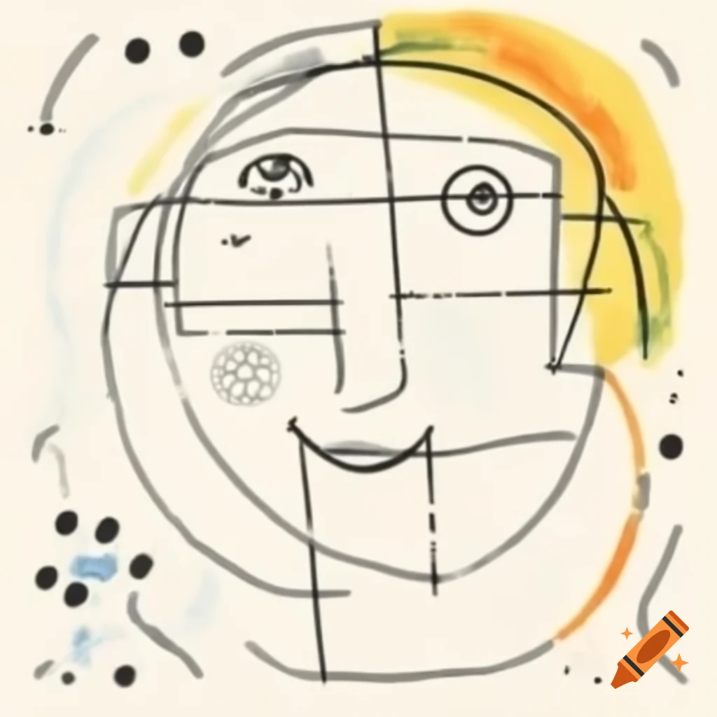 Abstract line drawing of smiling face in Mondrian and Pollock style with geometric curves