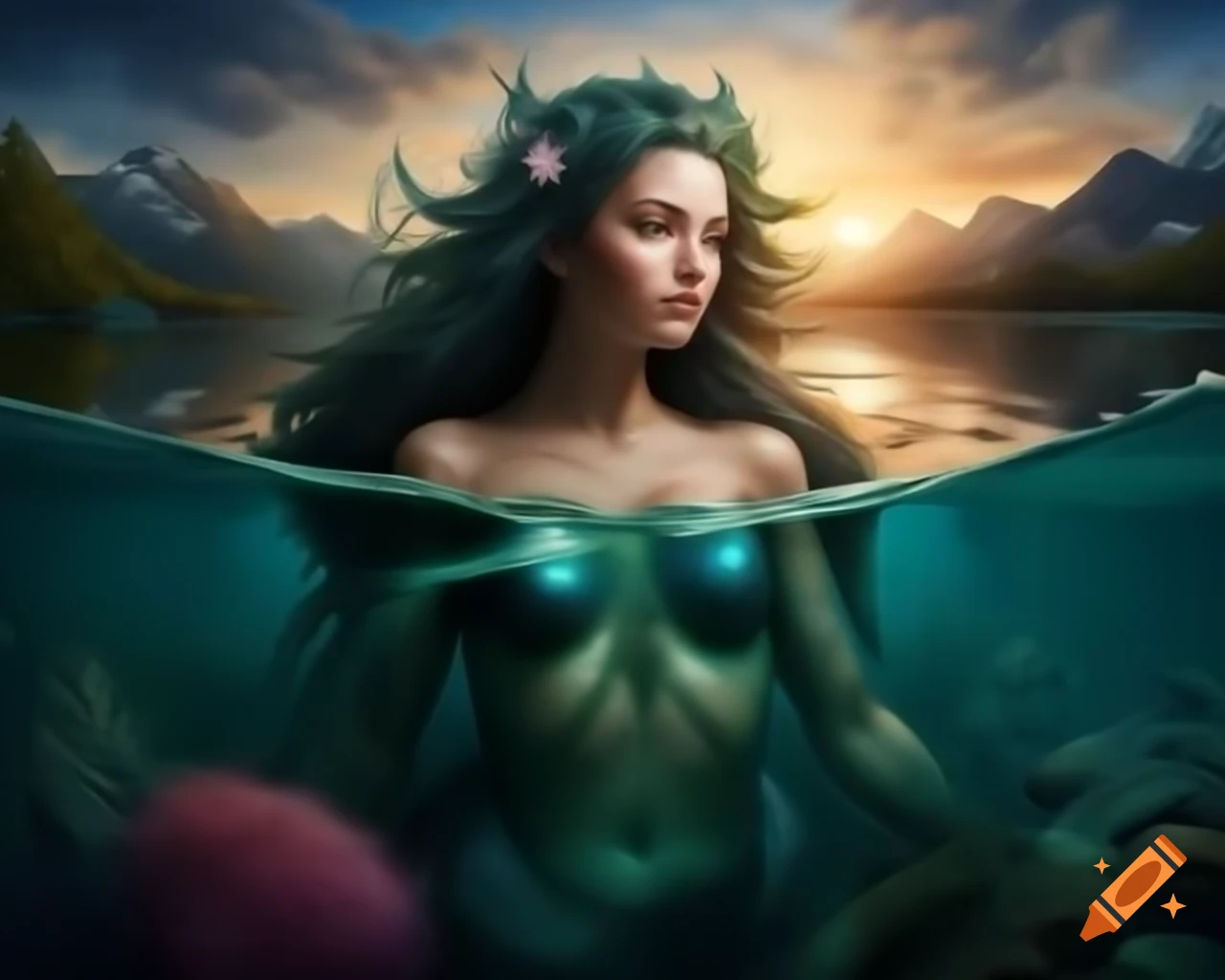 Hyper-realistic portrait of a mermaid with iridescent tail and shimmering scales