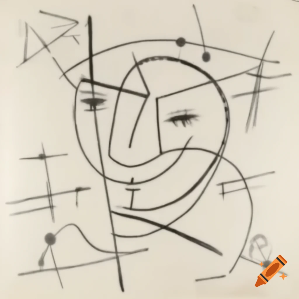 Abstract line drawing of a smiling face in Mondrian and Pollock style with geometric shapes