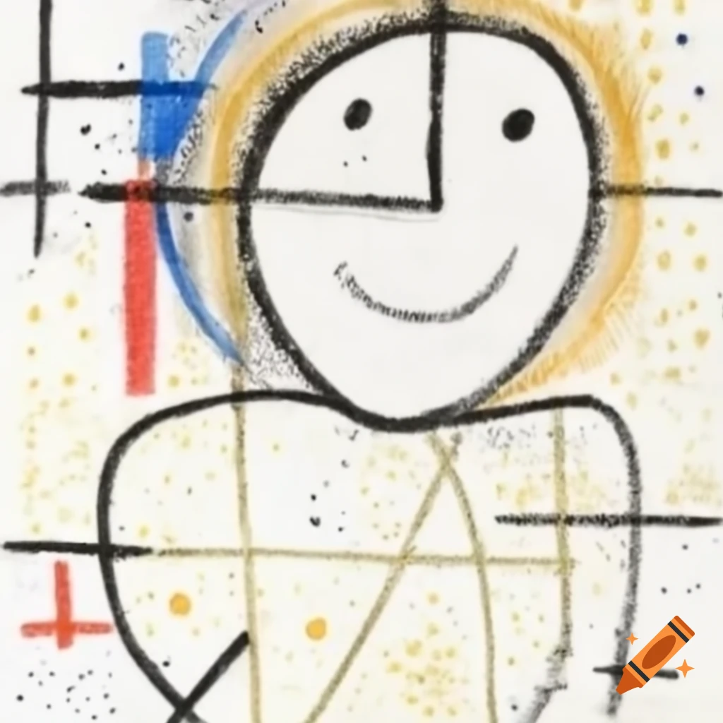 Abstract line drawing of a happy face in Mondrian and Pollock style with colored geometric shapes