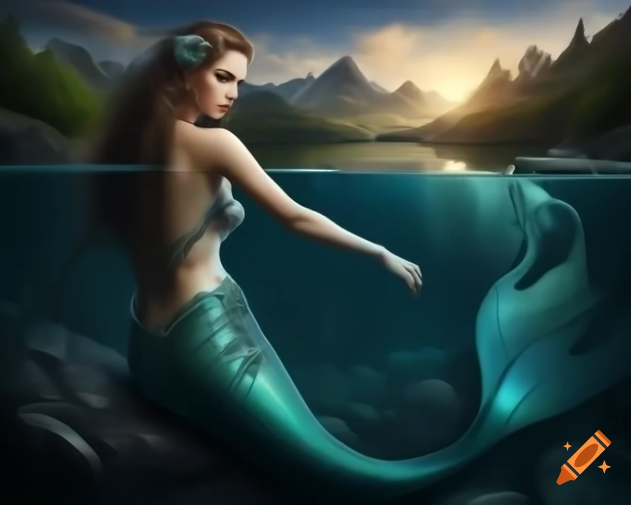 Hyper-realistic portrait of a mermaid with iridescent tail and shimmering scales