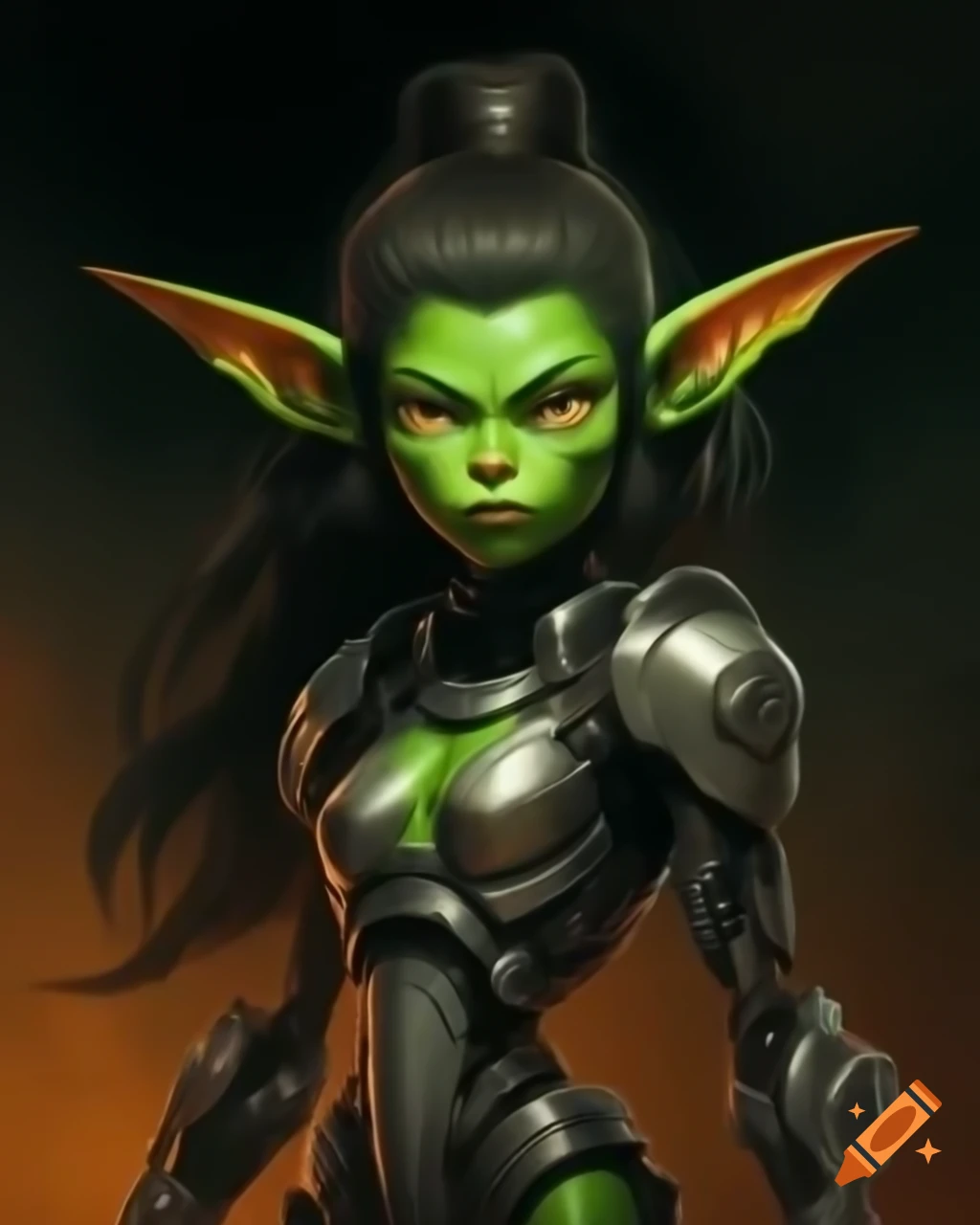 Energetic green-skinned goblin girl cyborg in anime style