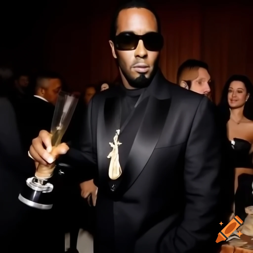 P Diddy smirking in black suit holding champagne at party on Craiyon