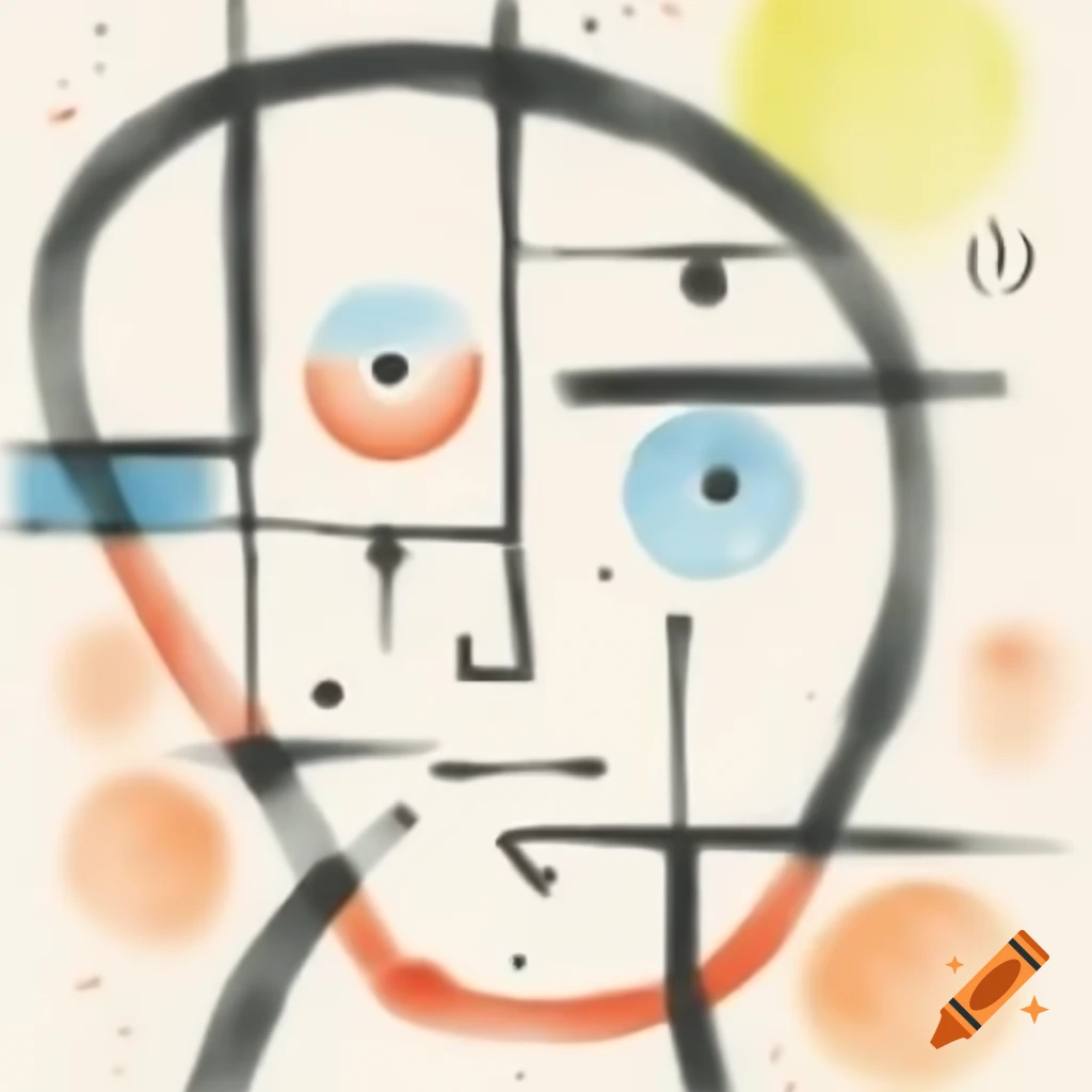 Abstract line drawing of a happy face in Mondrian and Pollock style with colored geometric shapes