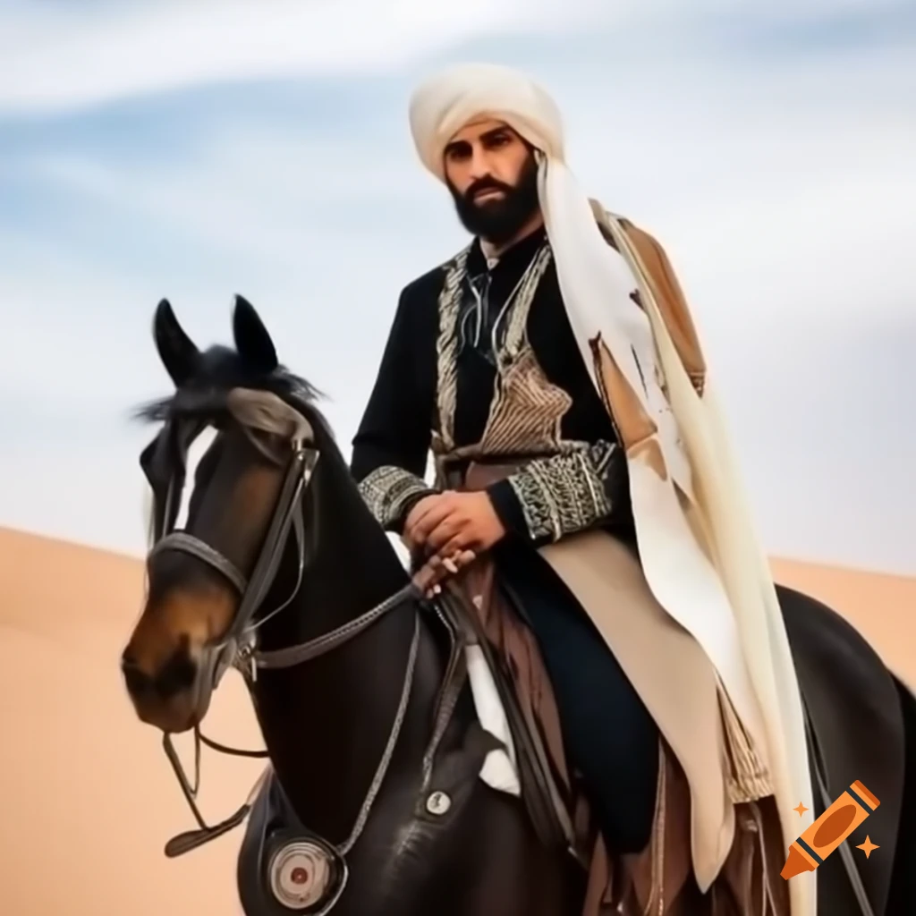 Arab knight in black and white turban riding white horse in desert on ...