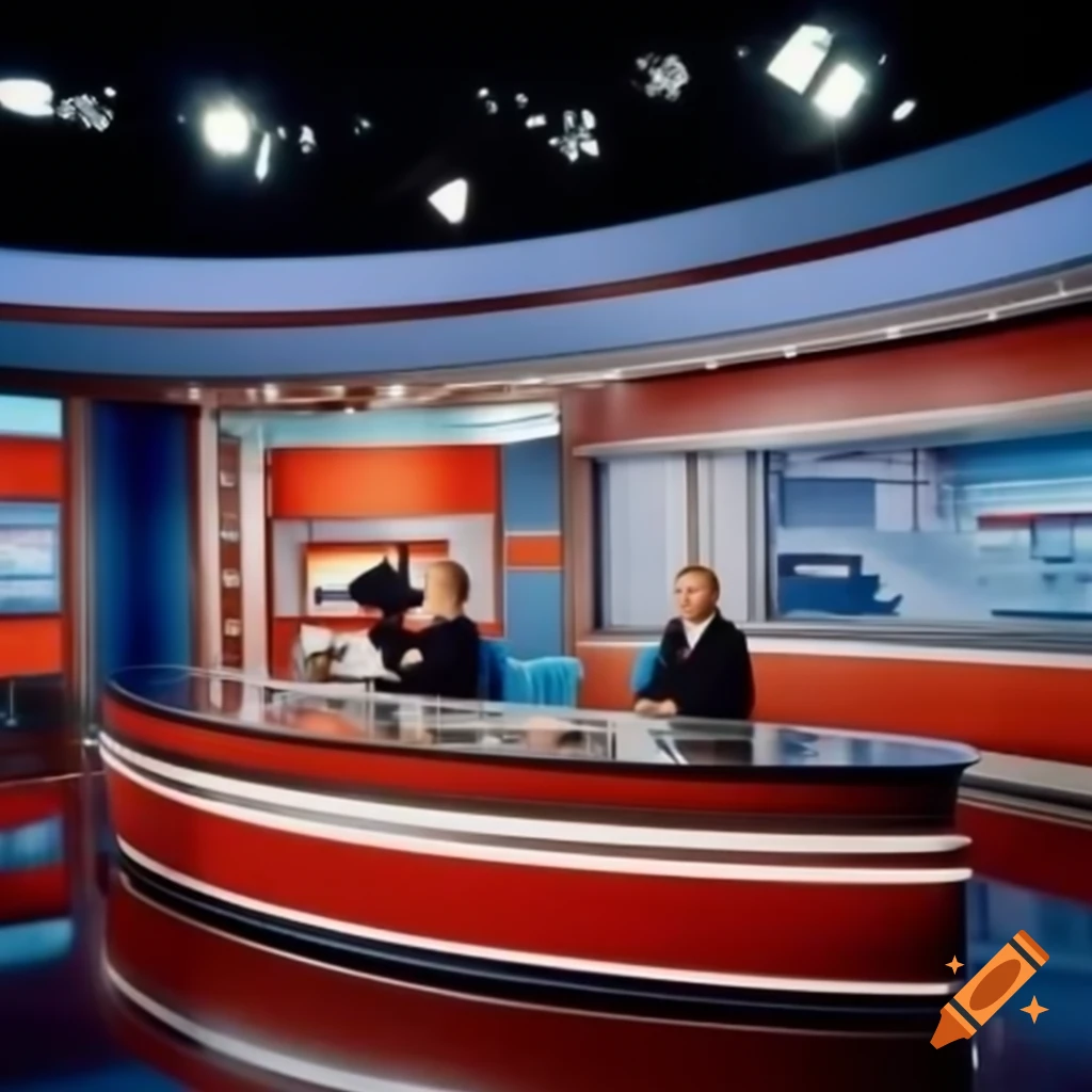 2000s news studio with vibrant colors and modern design