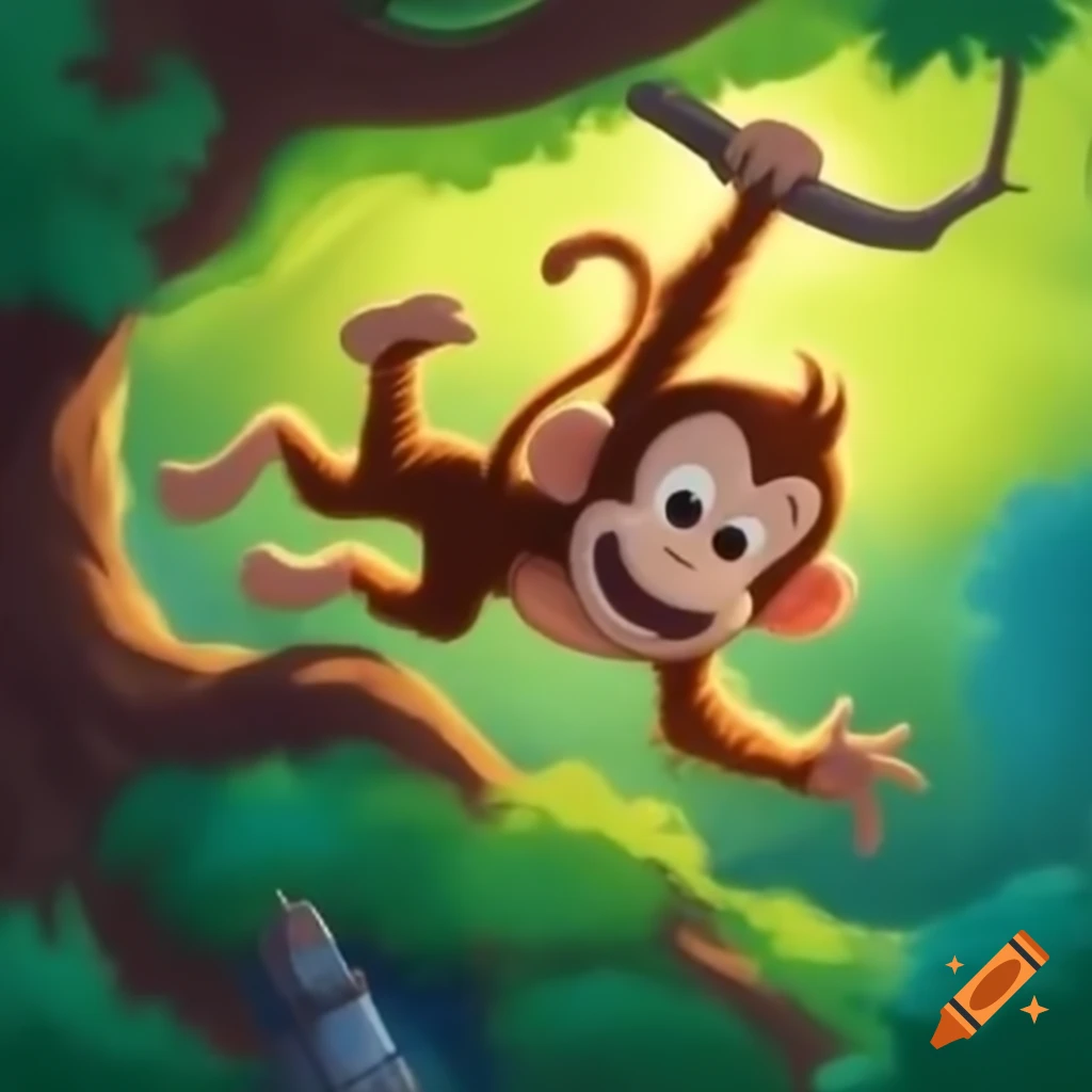 Energetic monkey swinging between tree branches