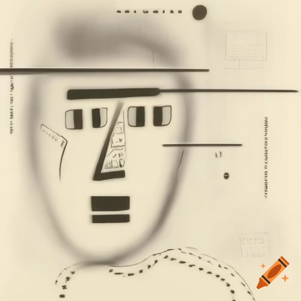Abstract line drawing of a surprised face in Mondrian and Otto Dix styles with geometric curves and primary hues