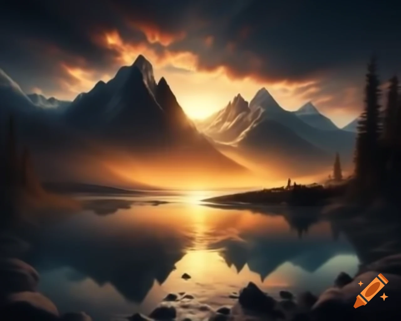 Majestic mountain lake at sunset with golden light reflections on Craiyon