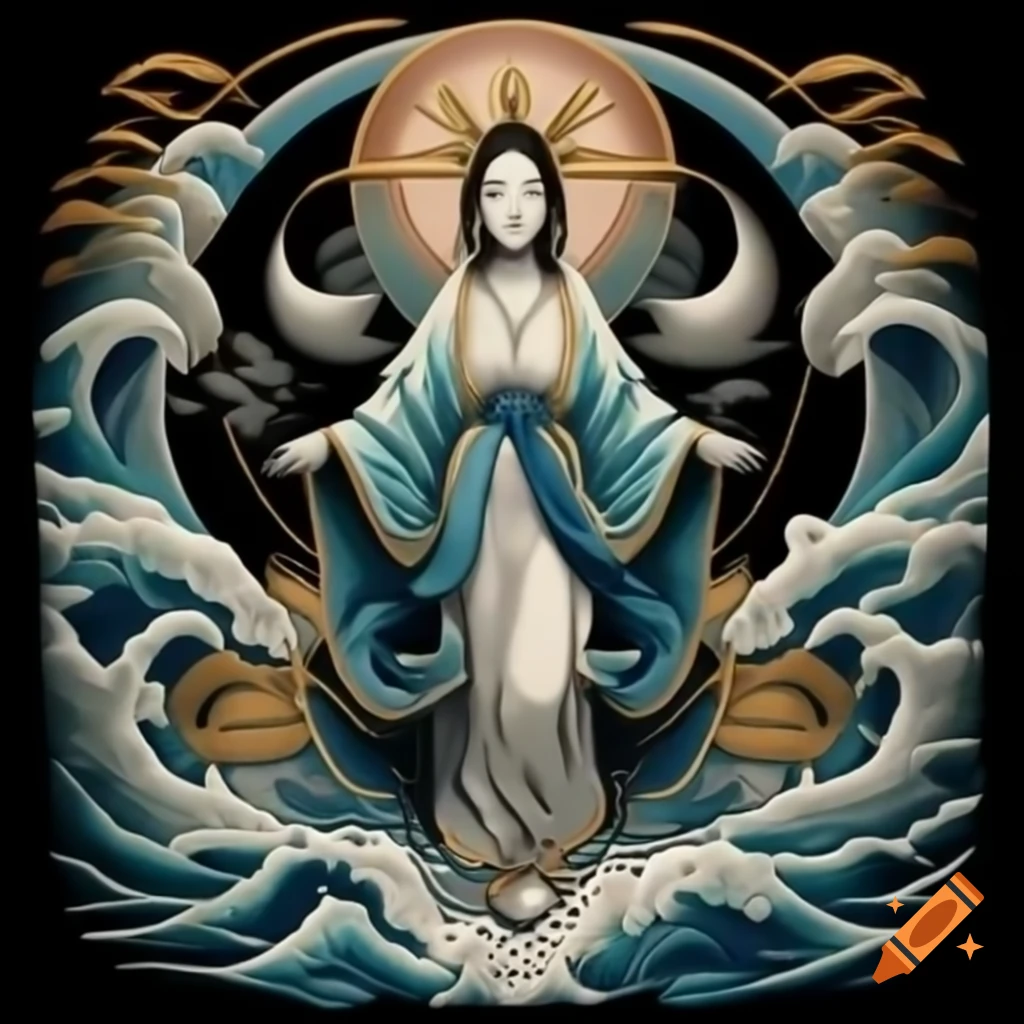 Traditional Japanese Irezumi tattoo design featuring Virgin Mary in black and white