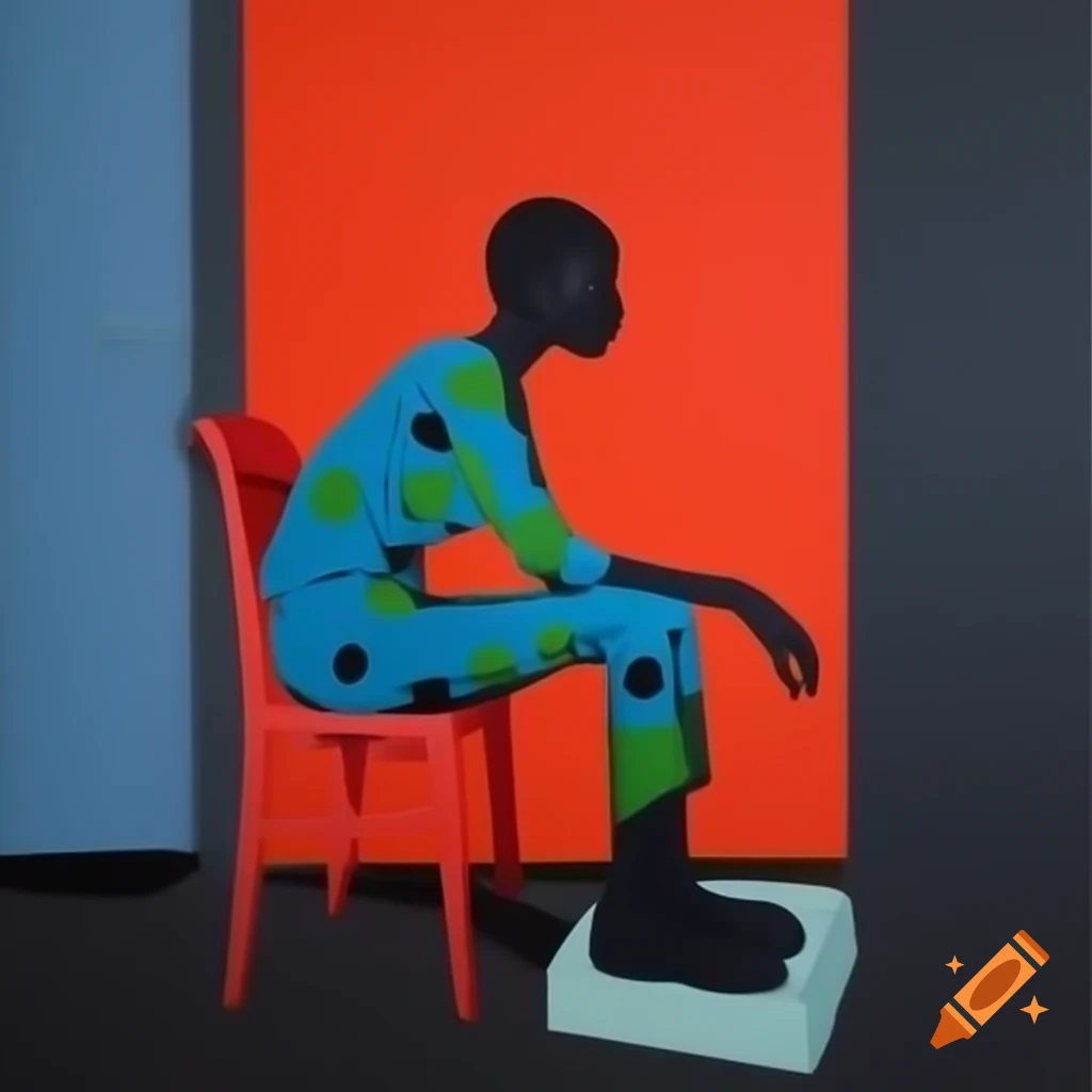 Vibrant minimalist painting inspired by Guernica with a single figure on a chair in neon colors