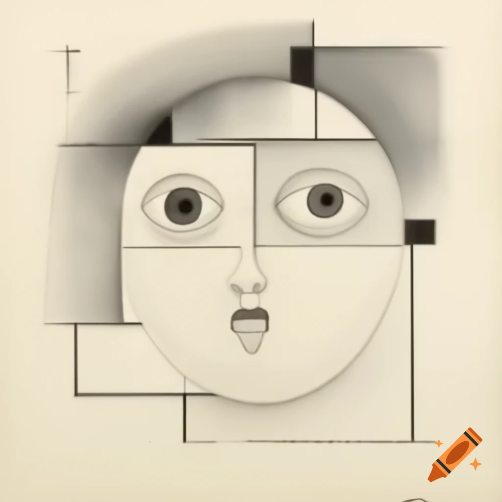 Abstract line drawing of a surprised face in Mondrian and Otto Dix styles with geometric curves and primary hues