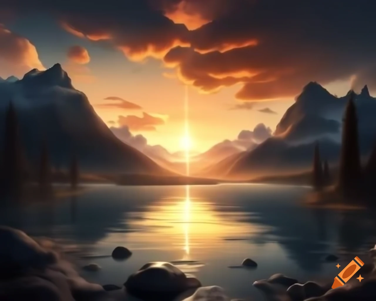 Majestic mountain lake at sunset with golden light reflections on Craiyon