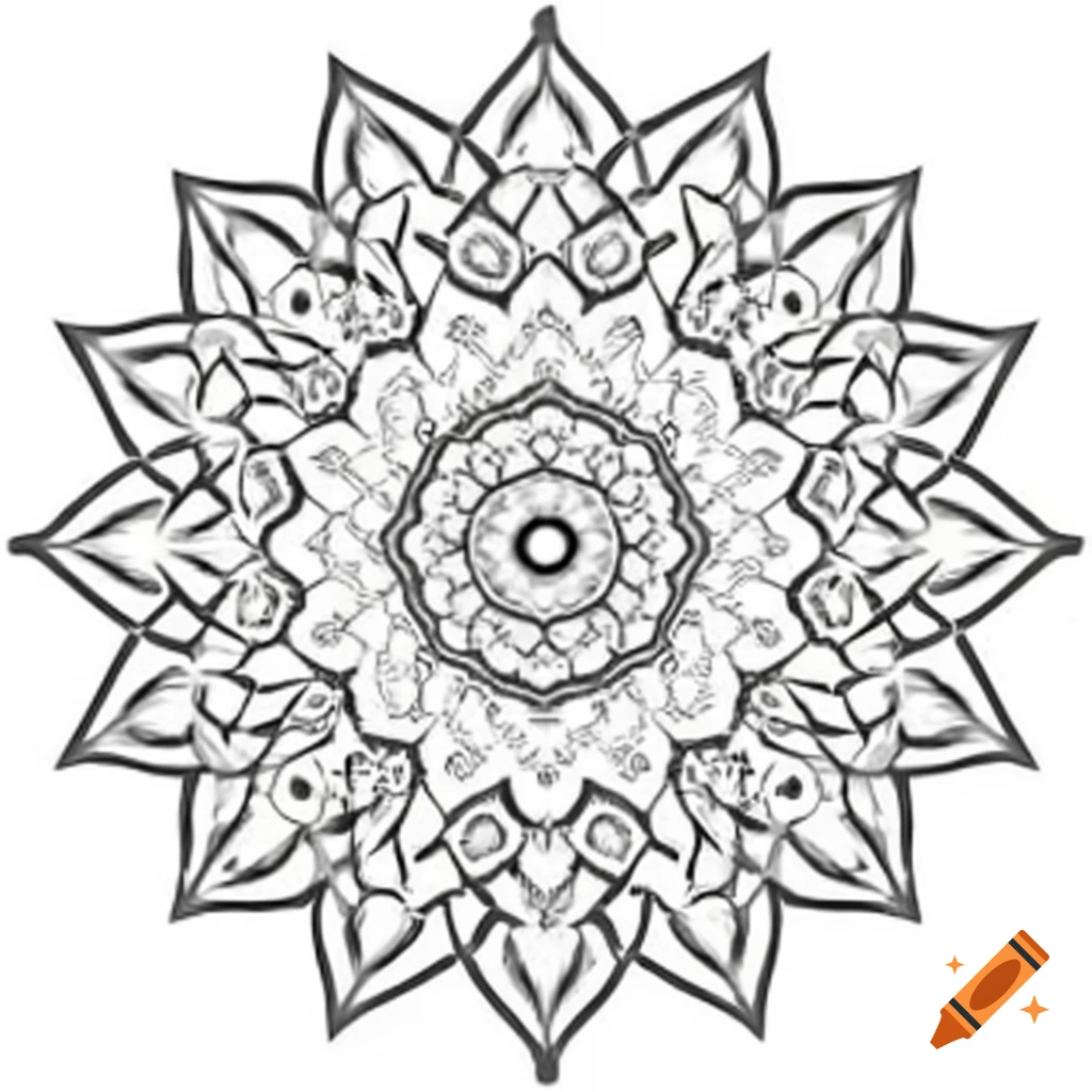 Intricate black and white mandala design for coloring book on Craiyon