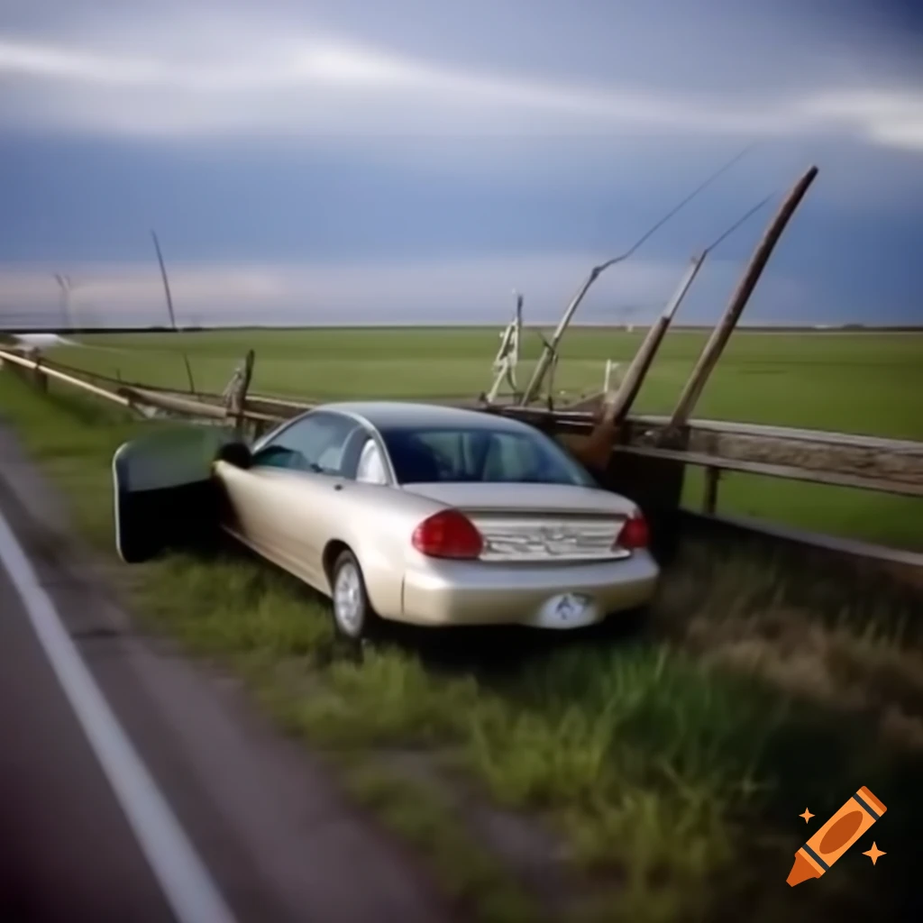 White Chevrolet Cobalt crash site near road and fence after tornado in El Reno, Oklahoma