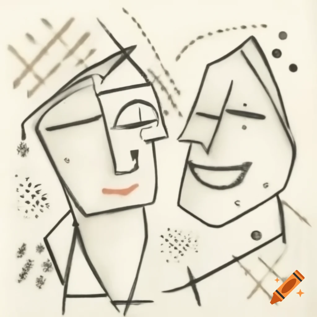 Abstract line drawing of two laughing profiles in Mondrian and Pollock style