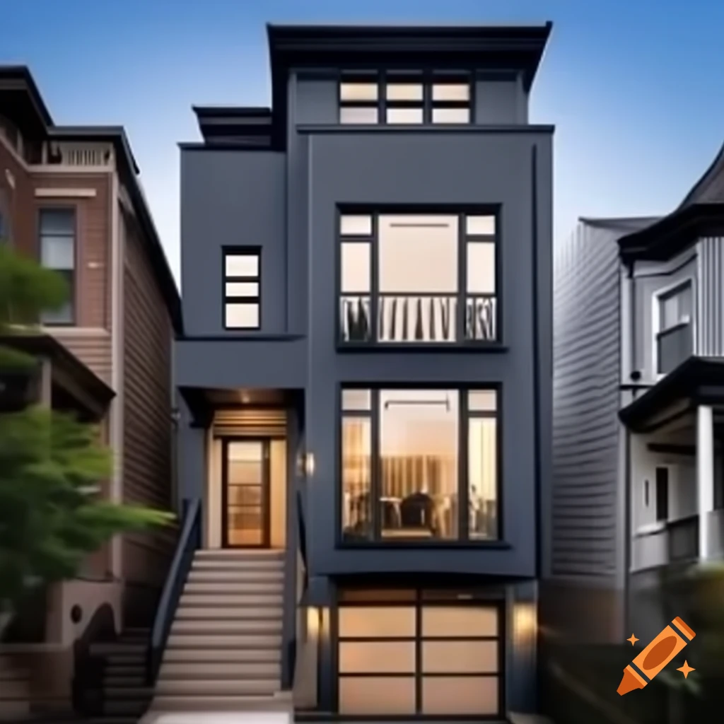 Modern townhouse with three floors and balcony, light gray exterior