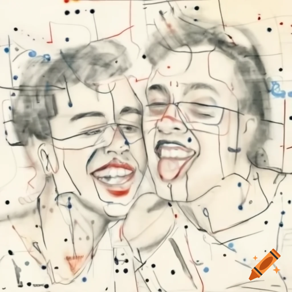 Abstract line drawing of two laughing profiles in Mondrian and Pollock style