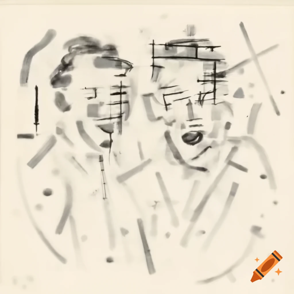 Abstract line drawing of two laughing profiles in Mondrian and Pollock style