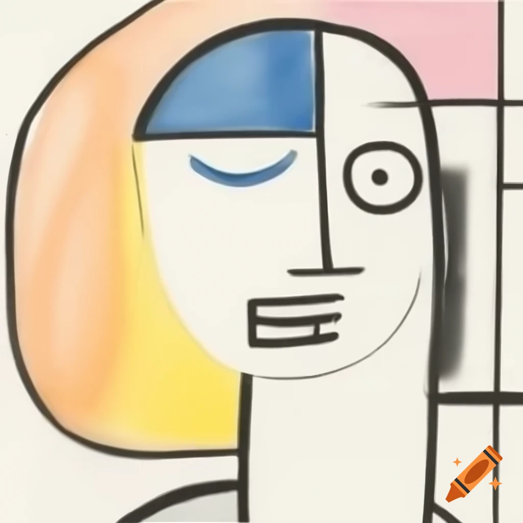 Abstract line drawing of a laughing face with geometric curves in primary colors