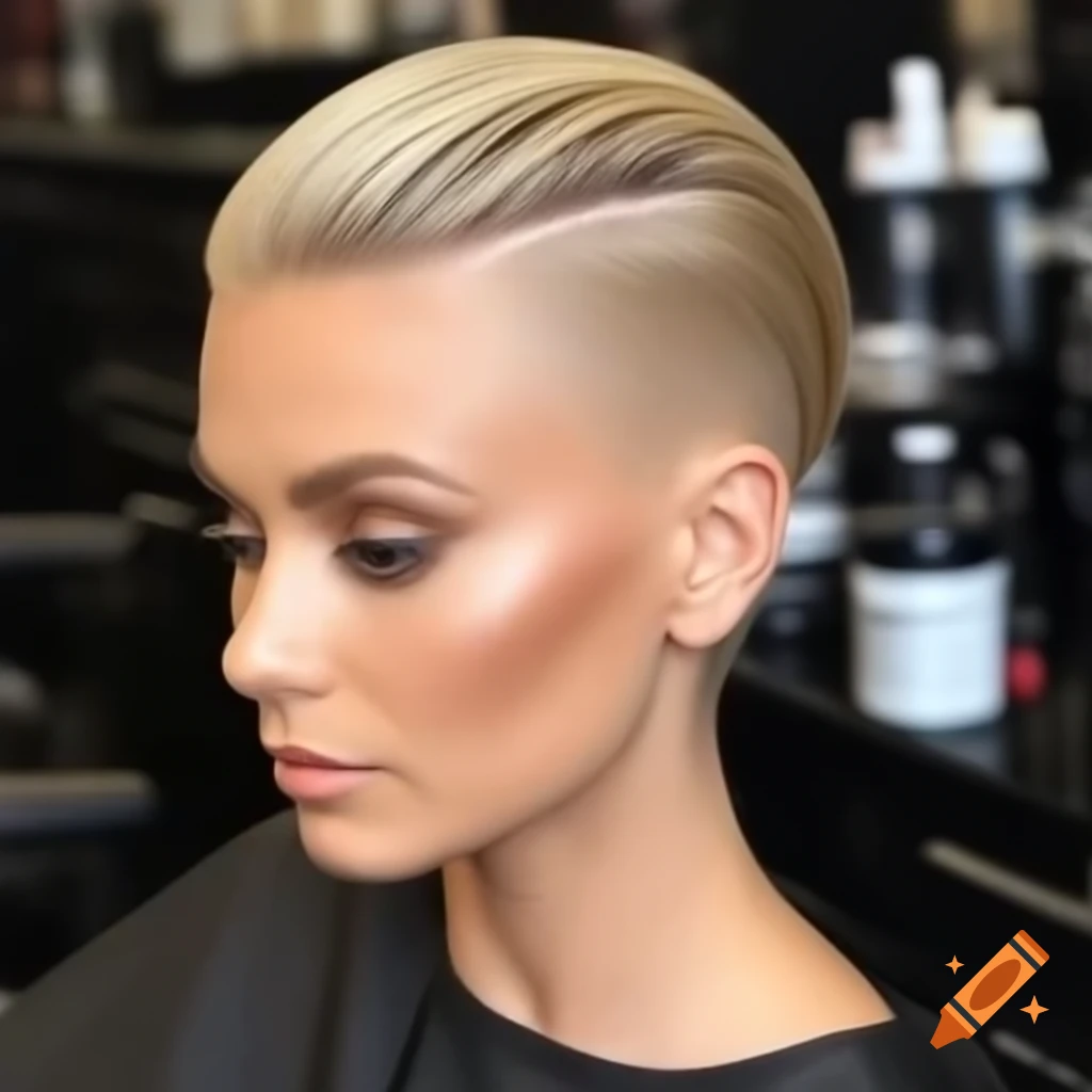 Blonde woman with sleek hairstyle at barber shop, hair partially cut