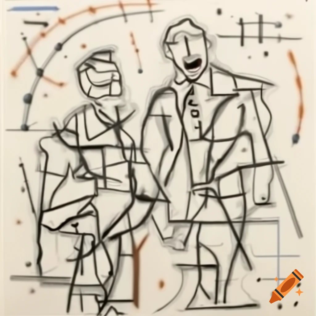 Abstract line drawing of two men's profiles with beaks laughing, featuring geometric curves and vibrant colors