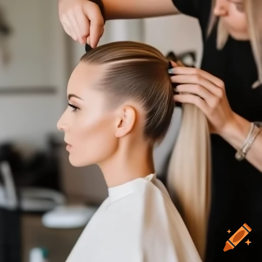 Woman with high ponytail at hairdresser, head being shaved