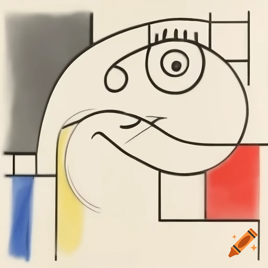 Abstract line drawing of a laughing face with geometric curves in primary colors