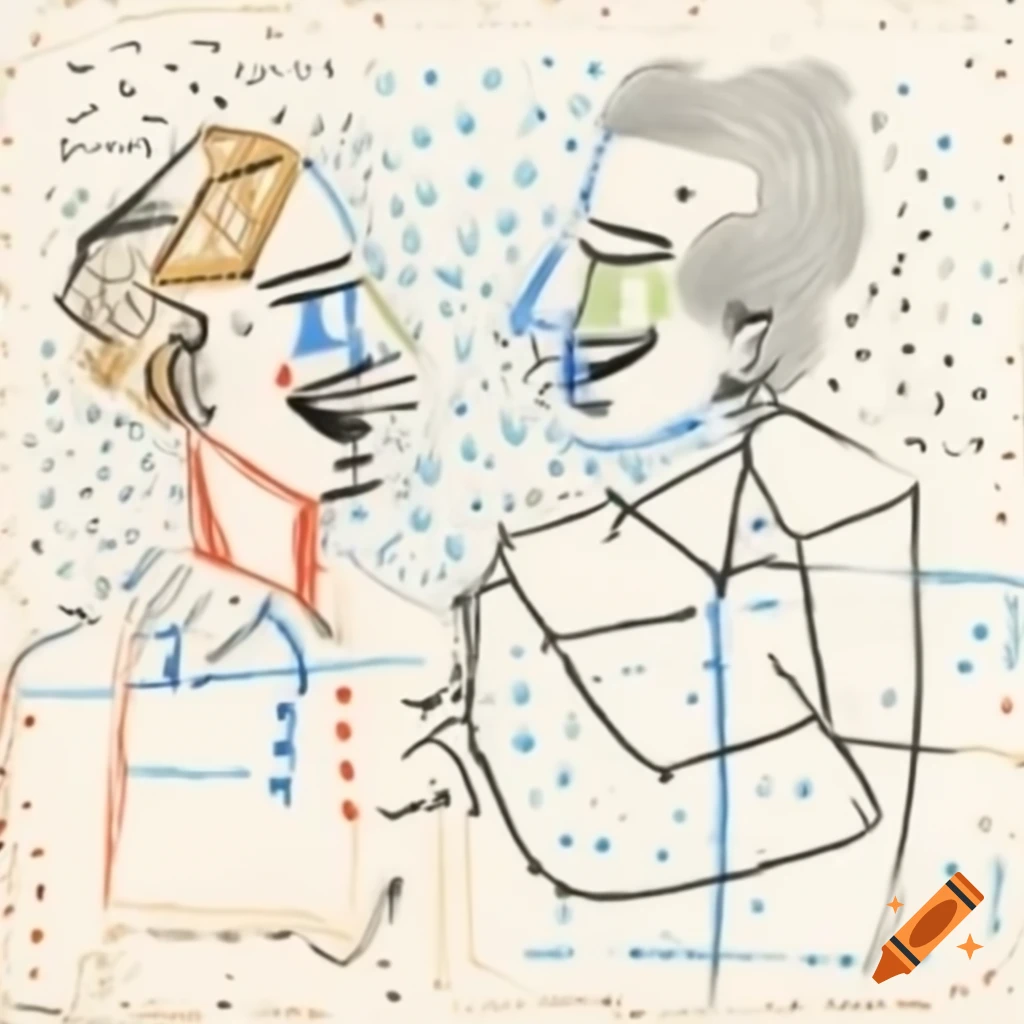Abstract line drawing of two profiles laughing with geometric curves and watercolor