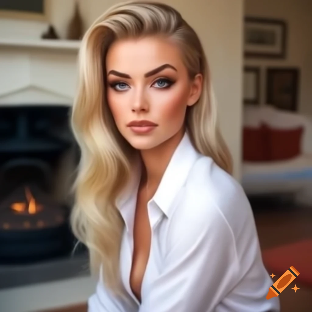 Elegant blonde woman in white shirt standing in luxurious living room with hearth