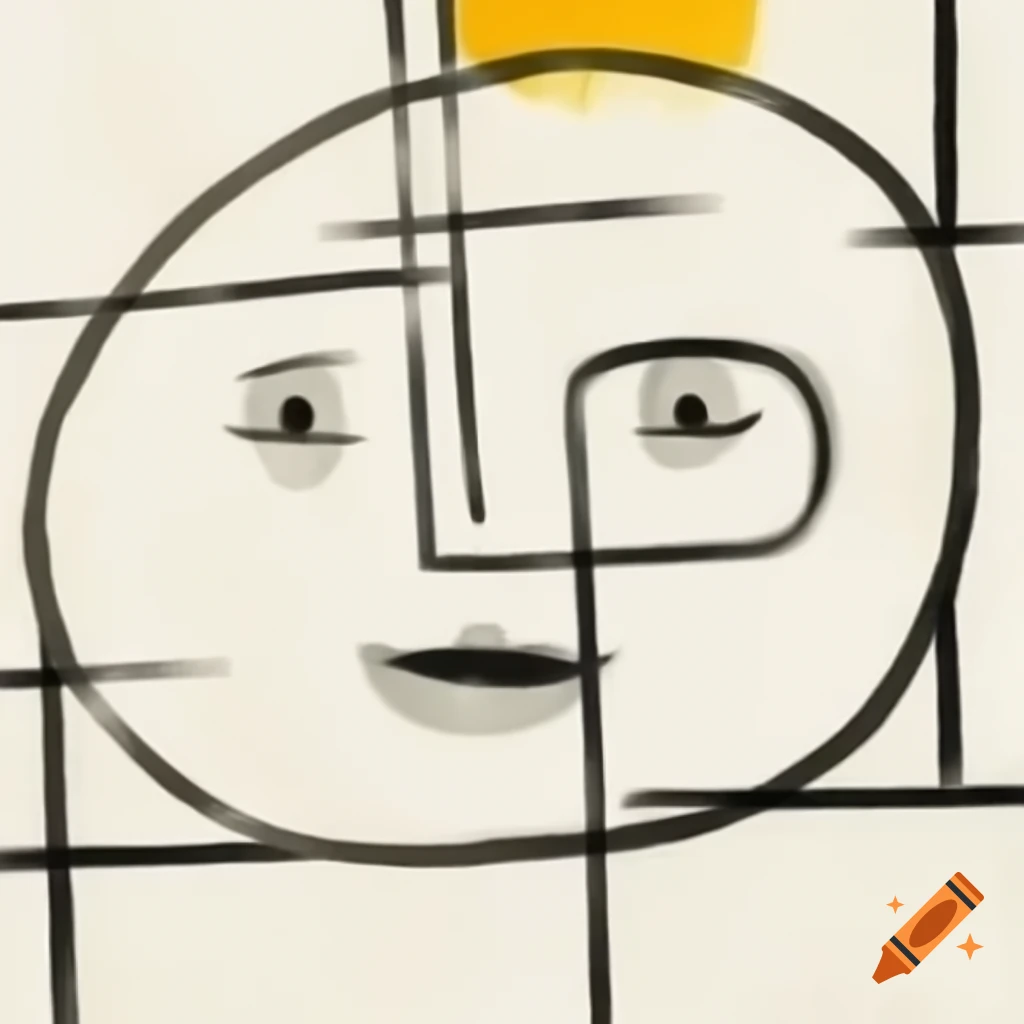 Abstract line drawing of a laughing face with geometric curves in primary colors