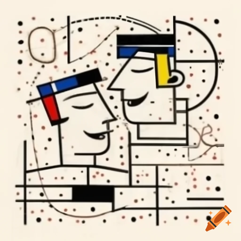 Abstract line drawing of two laughing profiles in Mondrian and Pollock style