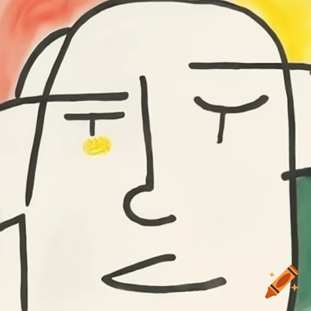 Abstract line drawing of a laughing face with geometric curves in primary colors