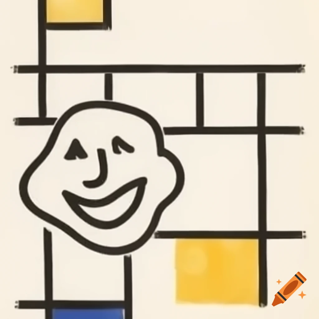 Abstract line drawing of a laughing face in Mondrian and expressionism style