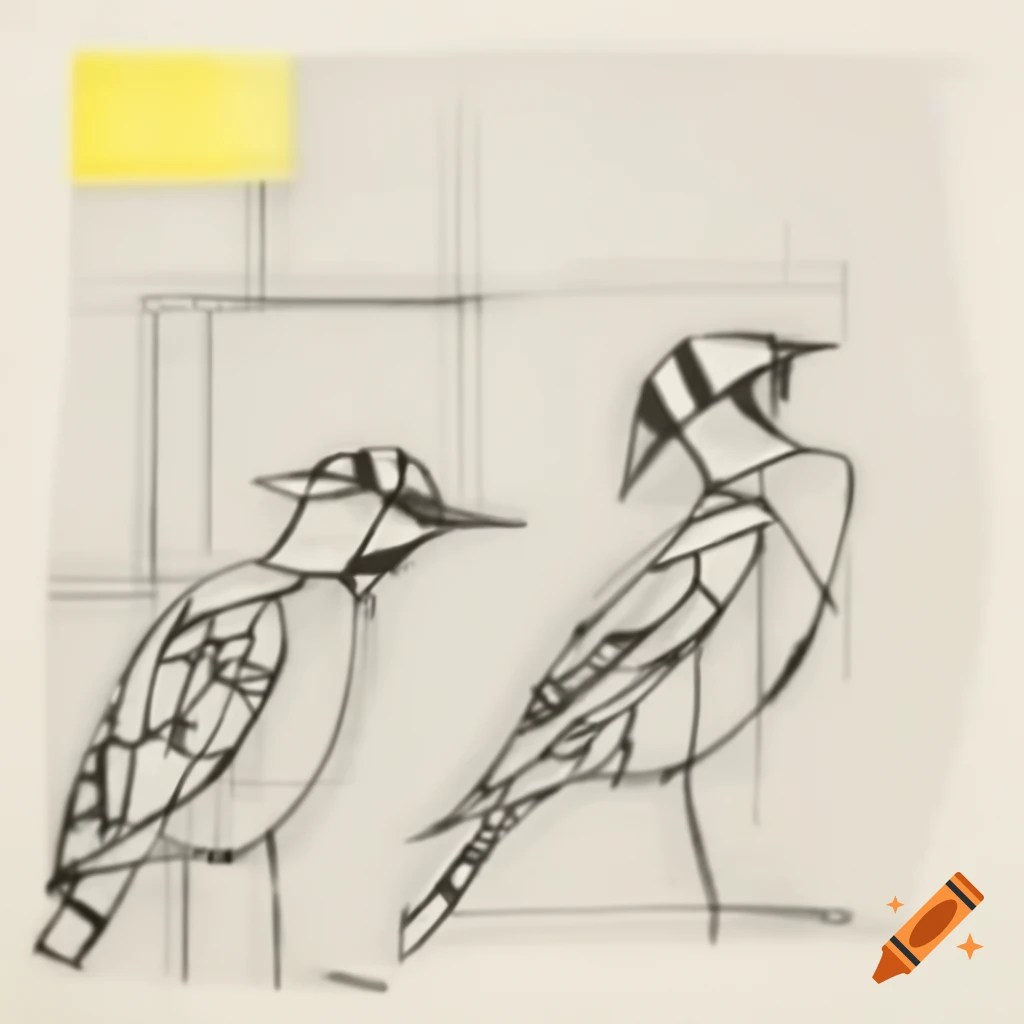 Abstract line drawing of two Birdmen profiles laughing with geometric curves