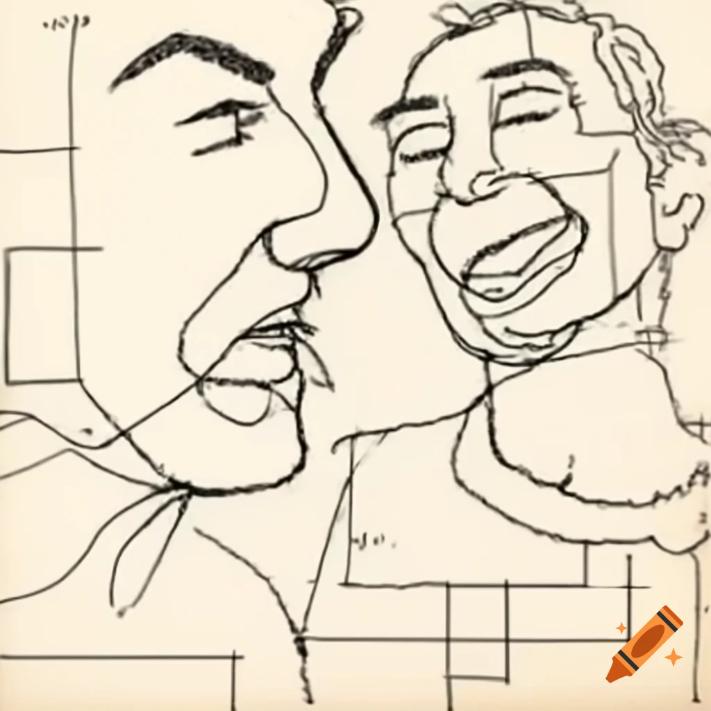Abstract line drawing of two laughing profiles in Mondrian and Pollock style