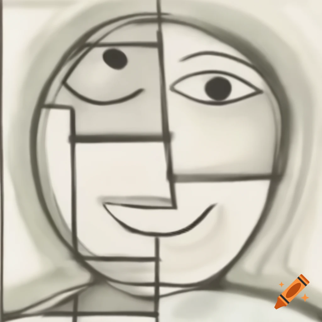 Abstract line drawing of a laughing face with geometric curves in primary colors