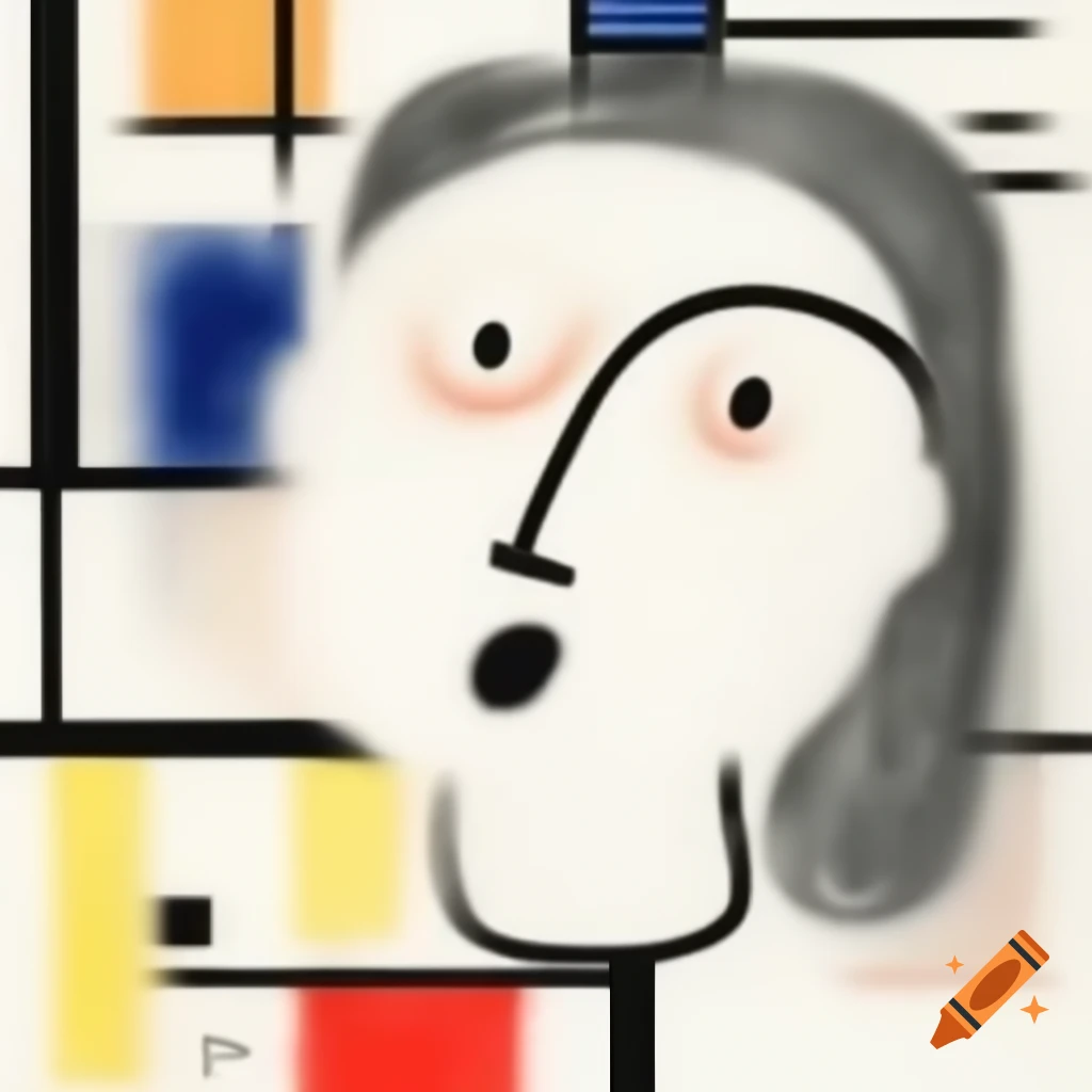 Abstract line drawing of a laughing face in Mondrian and expressionism style with geometric curves